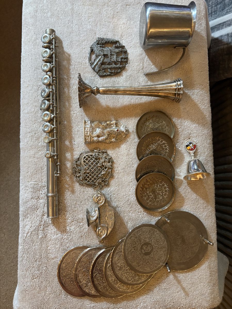 Vintage Mixed Metal Decor Lot: Flute, Candlestick, Coasters, Bell, Pewter Mug