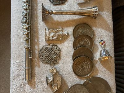 Vintage Mixed Metal Decor Lot: Flute, Candlestick, Coasters, Bell, Pewter Mug