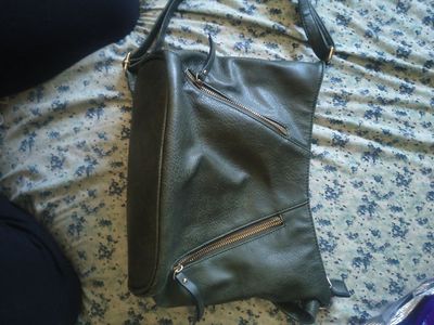 Dark Green Faux Leather Crossbody Shoulder Bag with Gold Zippers and Striped Lining