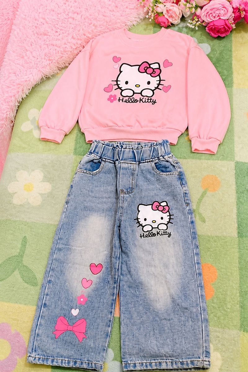 Hello Kitty Toddler Girls 2-Piece Outfit Set Pink Sweatshirt and Graphic Denim Jeans
