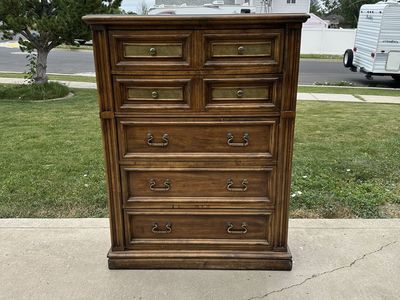 Vintage Wooden Dresser with Brass Hardware - 7 Drawers, Ornate Details