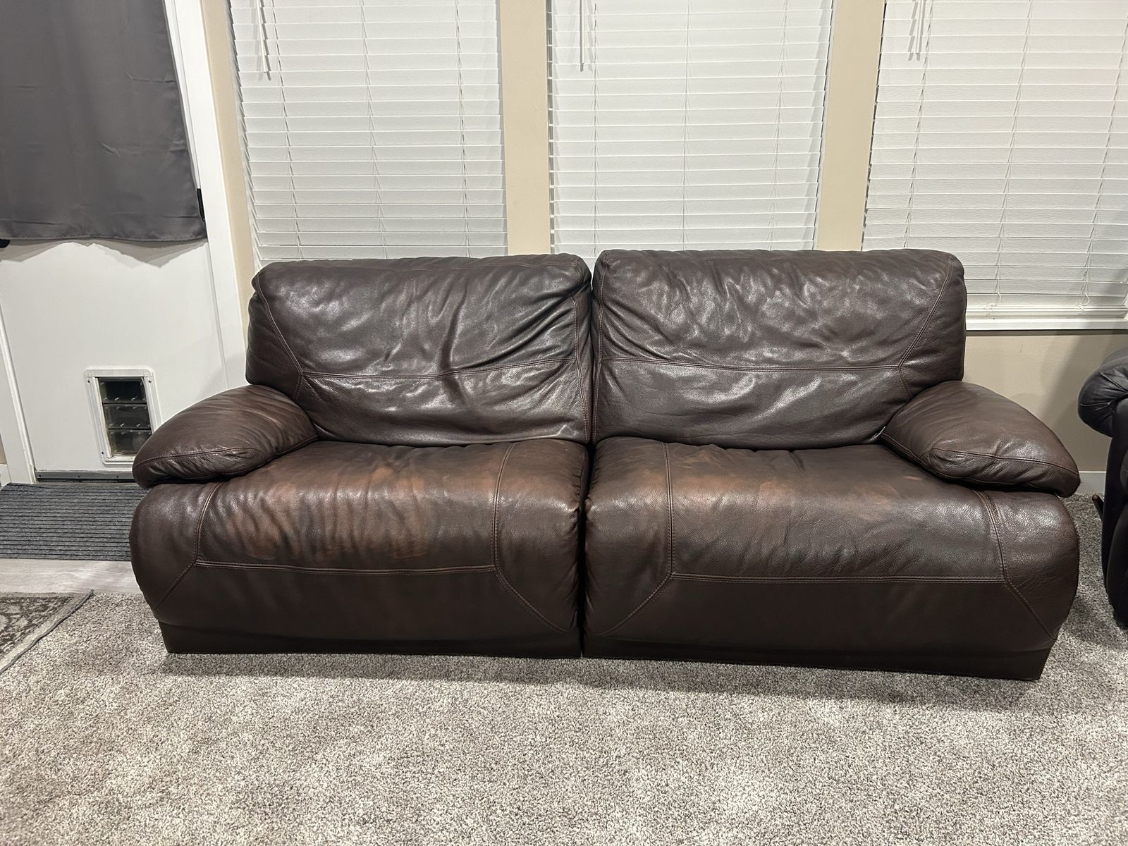 Brown Leather Reclining Loveseat - Good