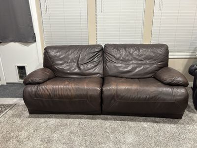 Brown Leather Reclining Loveseat - Good