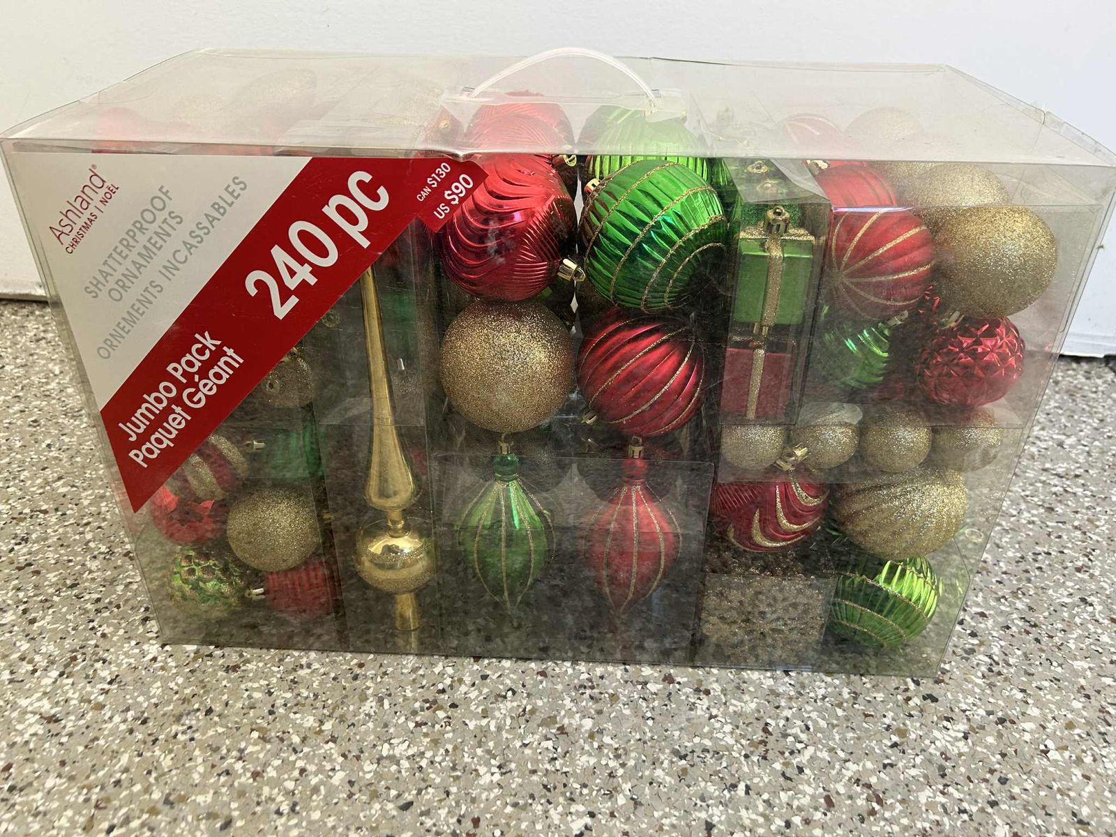 Brand New box of 240 Ashland Shatterproof Ornaments Green, Red, Gold from Michael's