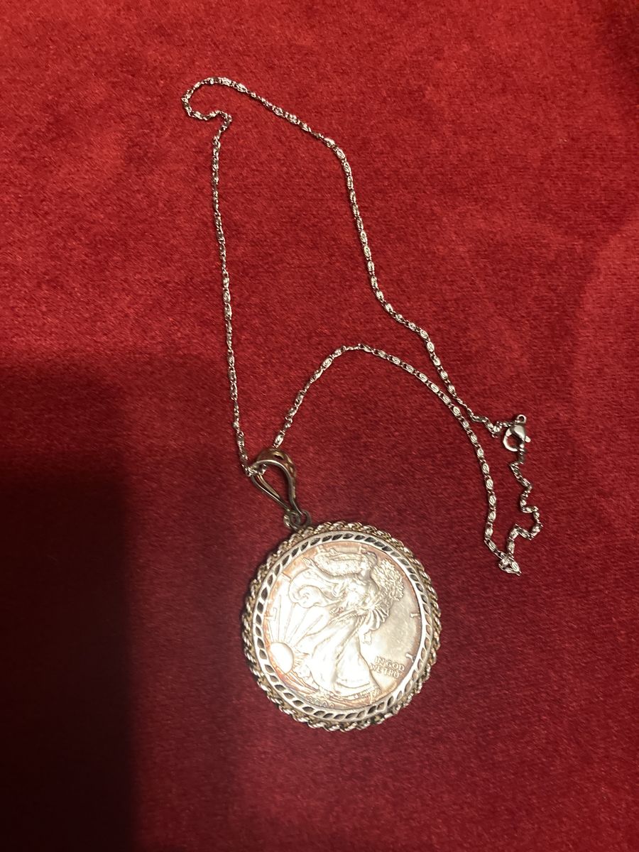 Vintage American Silver Eagle Dollar Necklace 1 Troy Ounce .999 Fine Silver