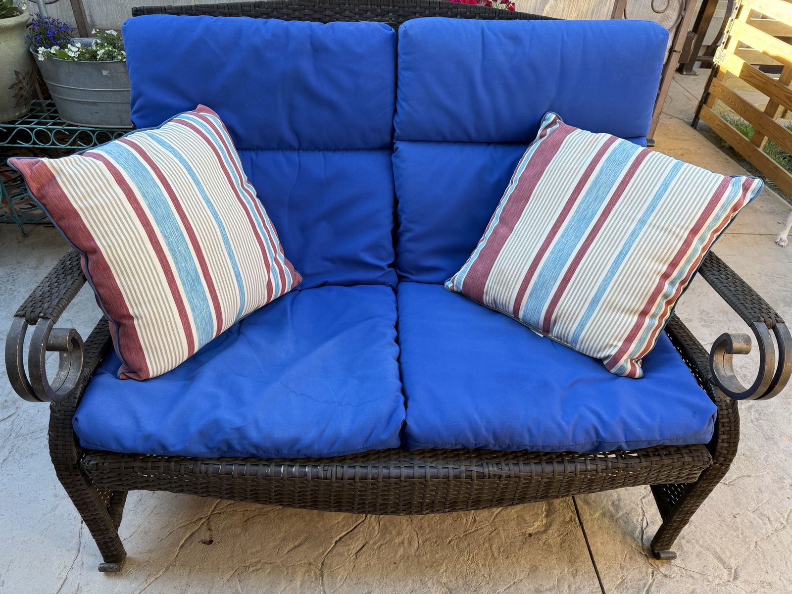 Outdoor Wicker Loveseat with Blue Cushions and Accent Pillows - Patio Furniture Seating