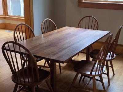 wood dining table with stickley chairs