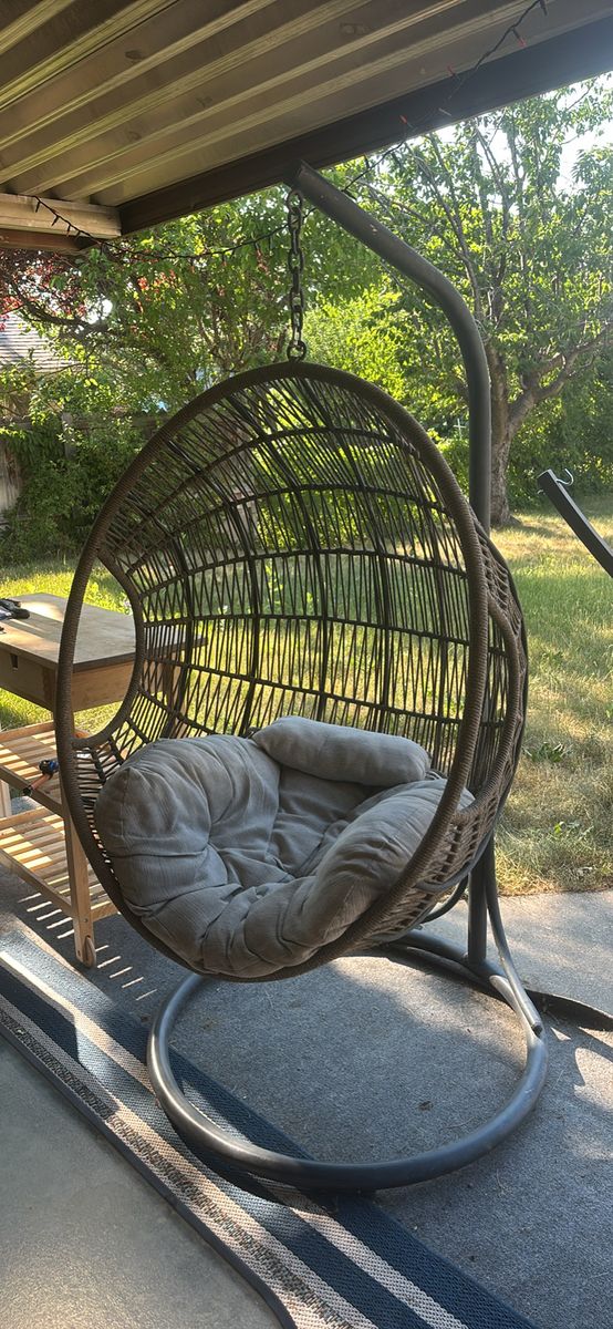 Wicker Hanging Egg Chair with Stand and Gray Cushion - Outdoor Patio Swing Seat