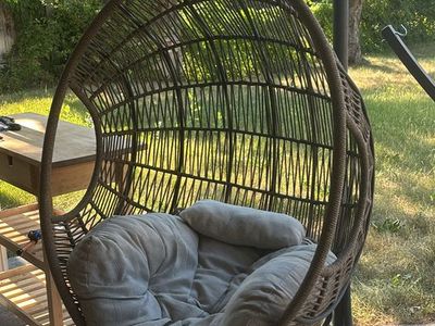 Wicker Hanging Egg Chair with Stand and Gray Cushion - Outdoor Patio Swing Seat