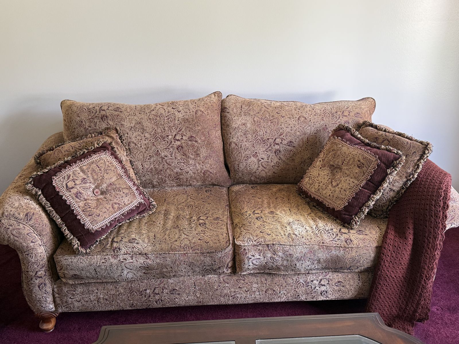 2 each Elegant Paisley Print Loveseat Sofa with Pillows - Burgundy & Gold Fabric