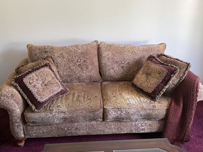 2 each Elegant Paisley Print Loveseat Sofa with Pillows - Burgundy & Gold Fabric