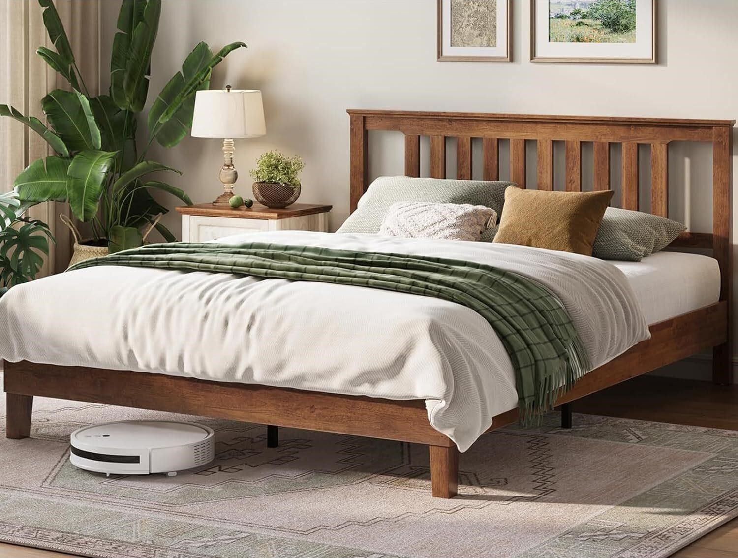 LINSY Solid Wood Bed Frame, Full, Walnut