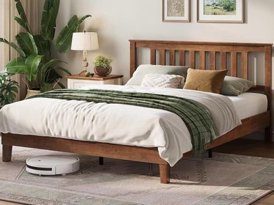 LINSY Solid Wood Bed Frame, Full, Walnut