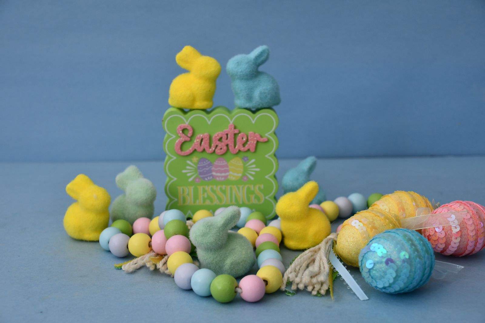 EASTER DECOR ~ 7 FLOCKED BUNNIES, 4 EGGS, SIGN & COLORED BEAD GARLAND ~ ALL FOR $5