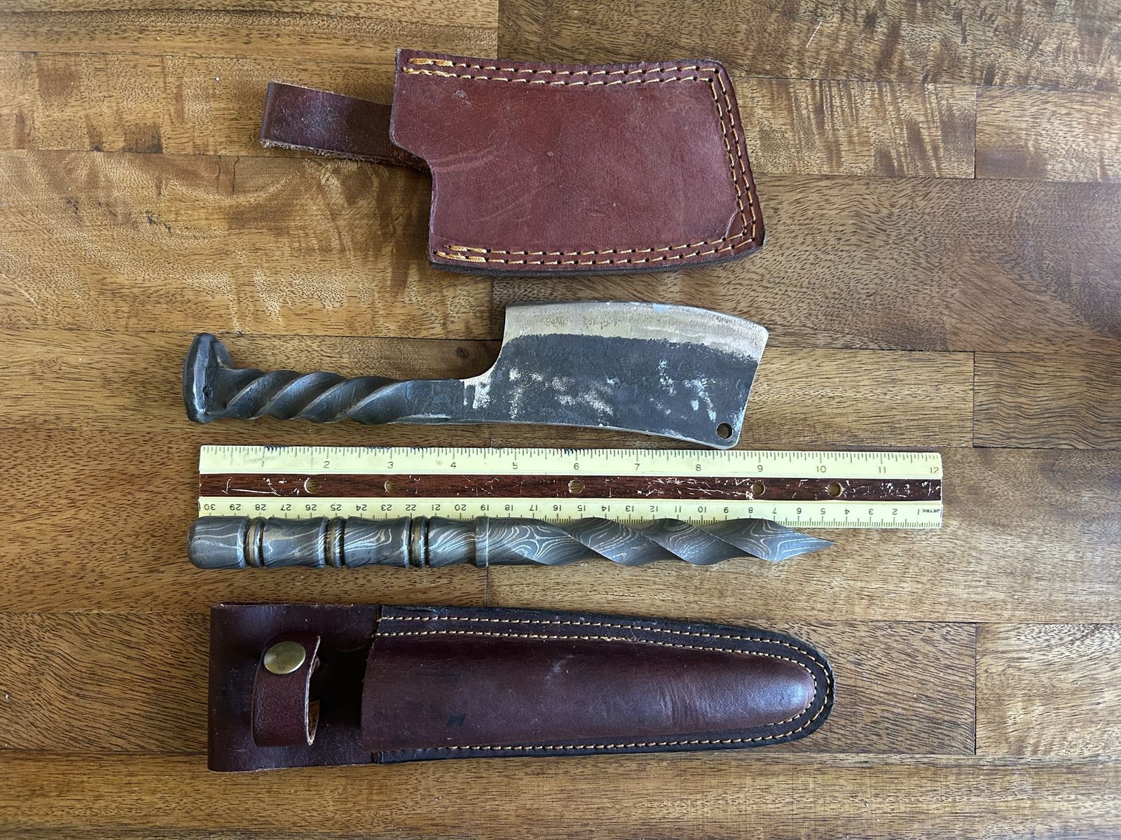 Damascus tri-blade knife and hatchet