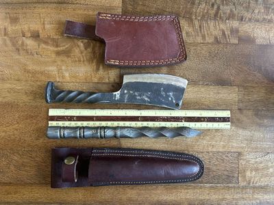 Damascus tri-blade knife and hatchet