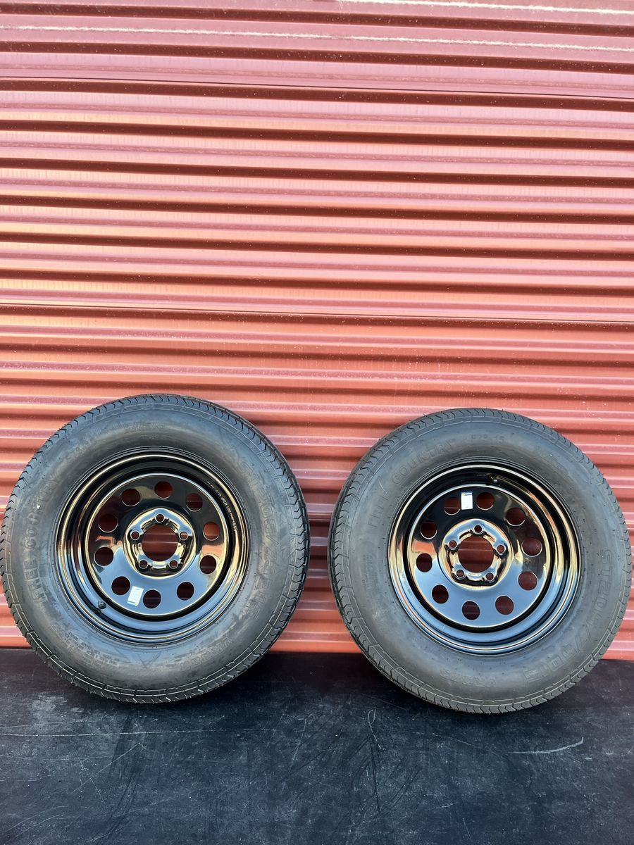 Set of 2 Free Country ST 205/75 D 15       Trailer Tires Mounted on New Black Mod Wheels 5 on 4.5 Brand New