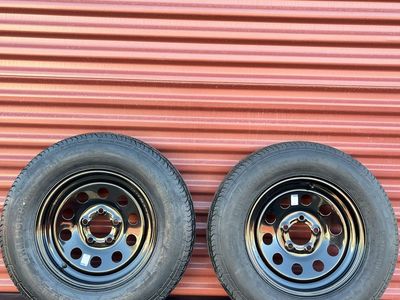 Set of 2 Free Country ST 205/75 D 15 Trailer Tires Mounted on New Black Mod Wheels 5 on 4.5 Brand New