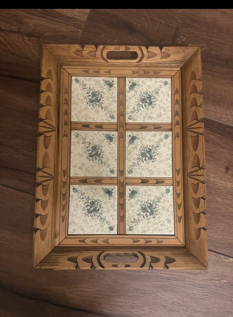 Vintage green floral hand painted tile serving tray hand carved wood