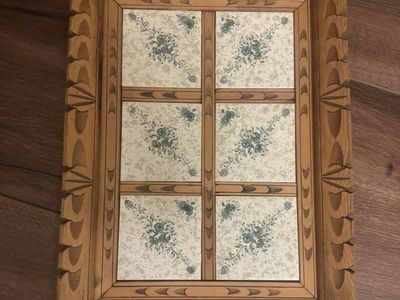 Vintage green floral hand painted tile serving tray hand carved wood