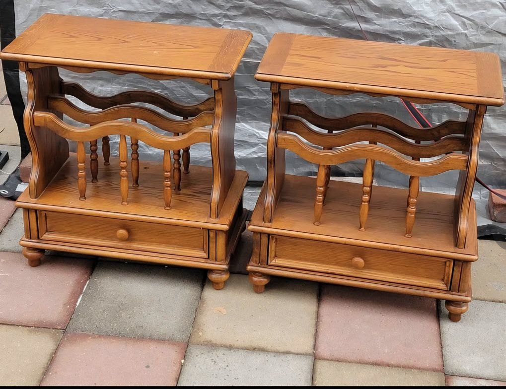 Pair Of Vintage Canterbury Style Solid Wood Magazine Rack Side Table With Bottom Drawer