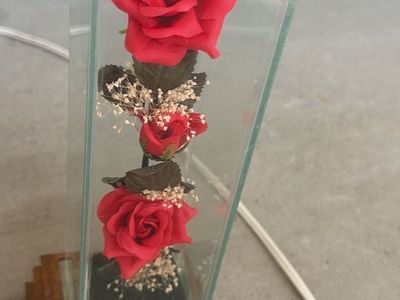 Red Roses Display, Forever Flowers, Glass Case on Wood Base, 13.5" Tall