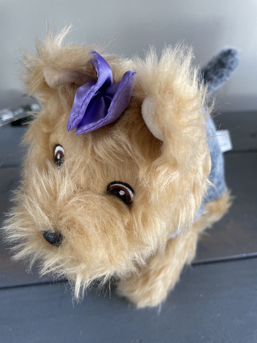 Yorkie Dog Plush 8 Inch Tan gray Purple Bow