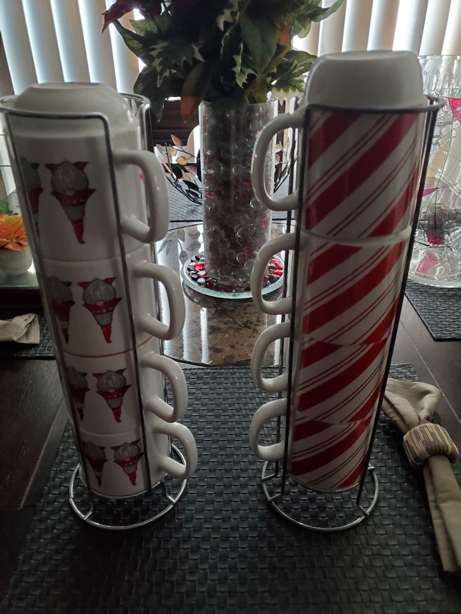 Stacked Holiday Mug Sets with Wire Racks - Gnome and Candy Cane Stripe (2 Sets of 4 Mugs each)