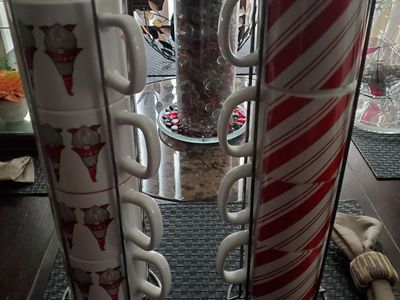 Stacked Holiday Mug Sets with Wire Racks - Gnome and Candy Cane Stripe (2 Sets of 4 Mugs each)