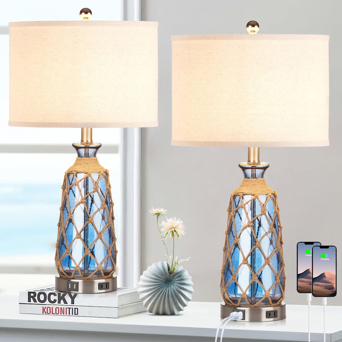 New 25.5" Coastal Glass Table Lamps Set of 2, 3-Way Dimmable Touch Control Bedside Lamps with 2 USB Ports and AC Outlet