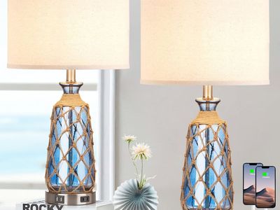New 25.5" Coastal Glass Table Lamps Set of 2, 3-Way Dimmable Touch Control Bedside Lamps with 2 USB Ports and AC Outlet