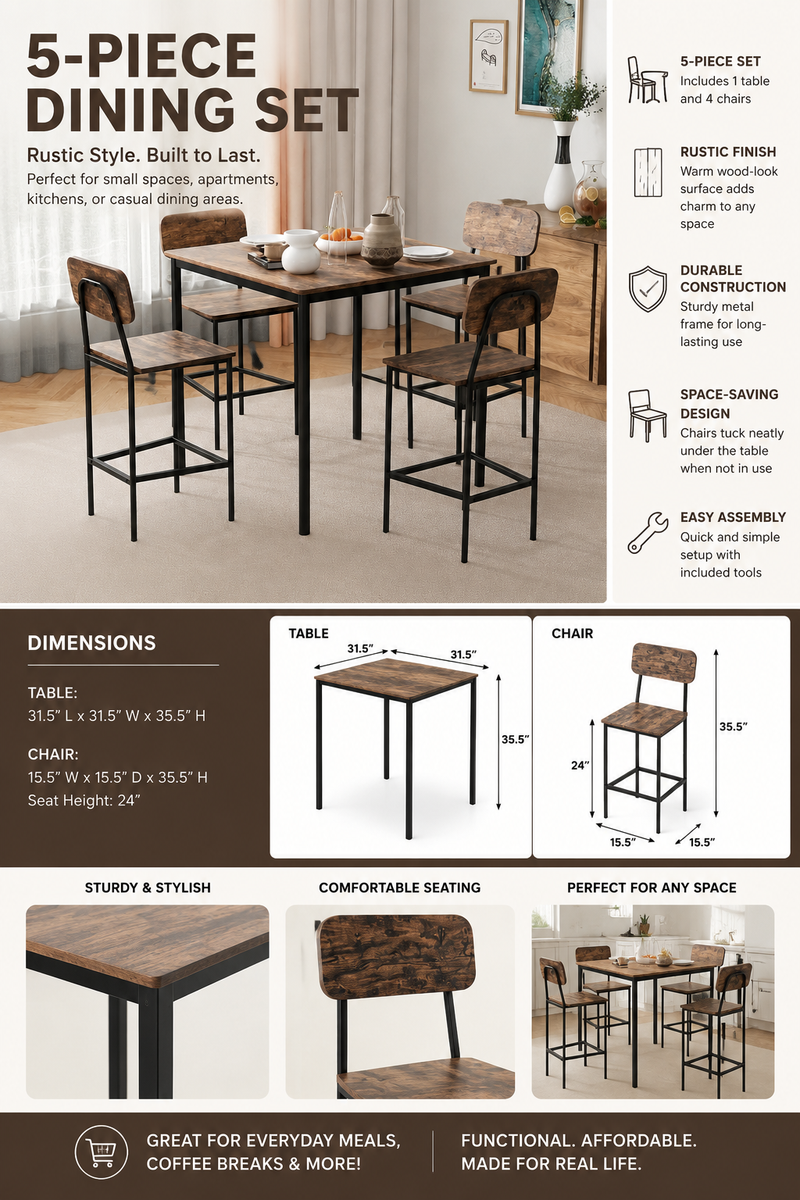 Rustic 5-Piece Dining Table Set with 4 Chairs – Space-Saving Kitchen & Dining Set