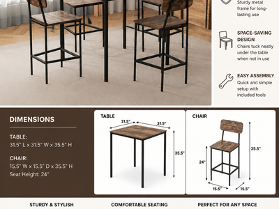 Rustic 5-Piece Dining Table Set with 4 Chairs – Space-Saving Kitchen & Dining Set