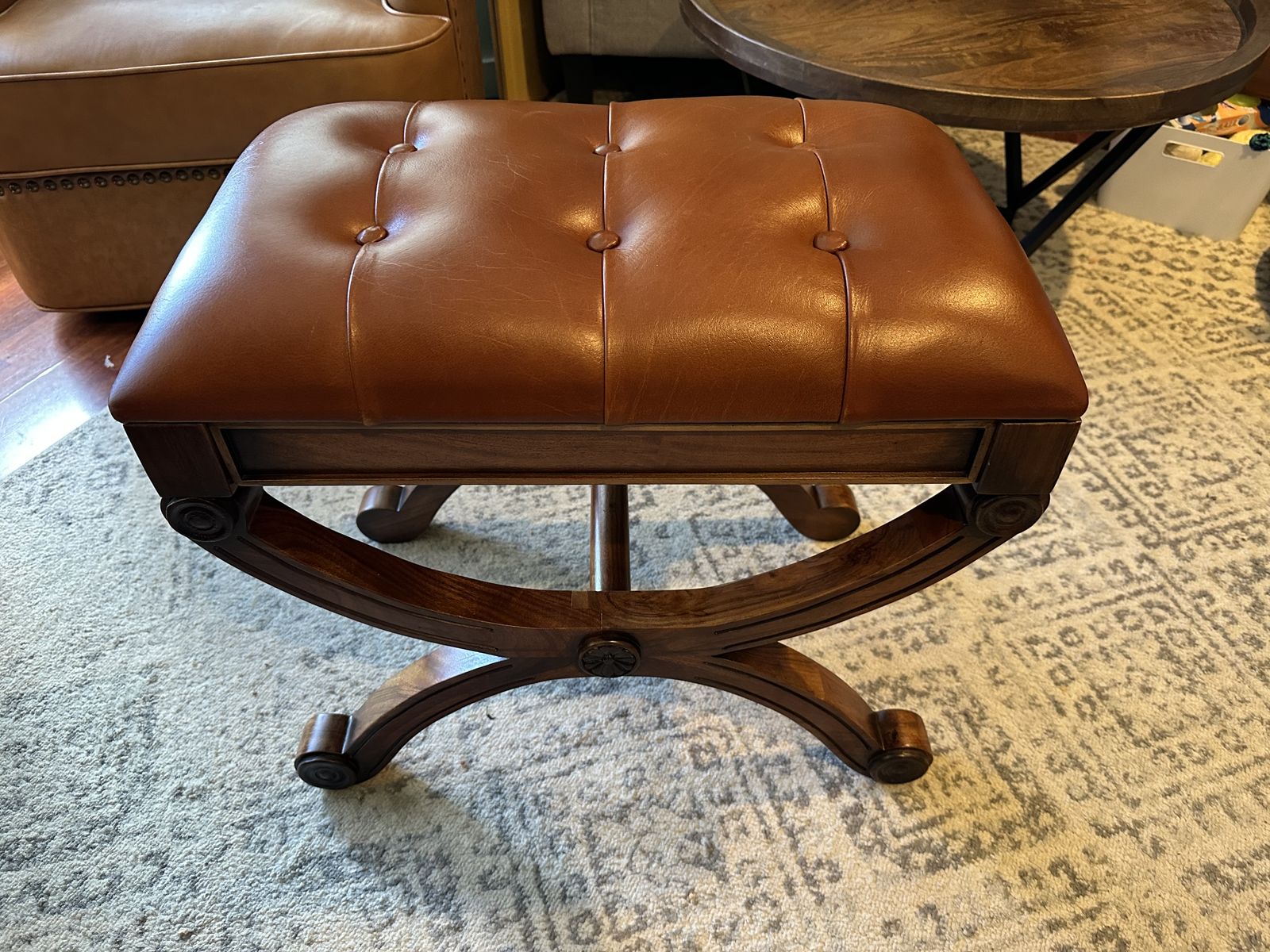 EMPIRE STOOL (SARREID) LEATHER SEAT, WALNUT with FRUITWOOD FINISH.