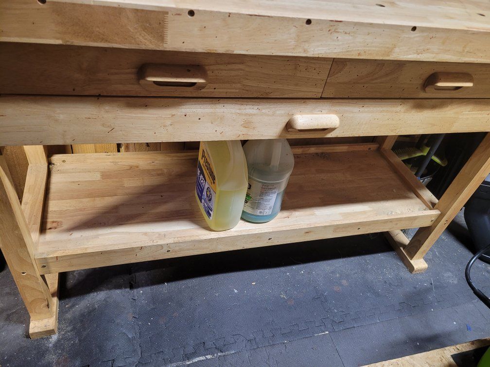 Wooden Workbench with Storage Shelf and Drawers
