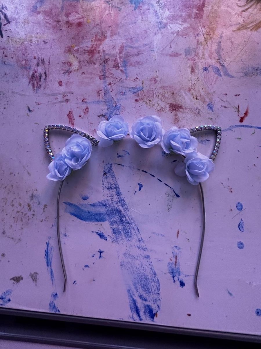 Blue Flower Rhinestone Cat Ear Headband Costume Accessory