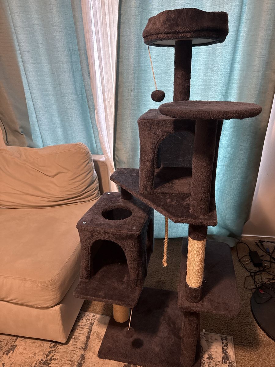 Multi-Level Dark Gray Plush Cat Tree Condo with Scratching Posts and Toys