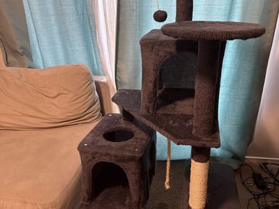 Multi-Level Dark Gray Plush Cat Tree Condo with Scratching Posts and Toys