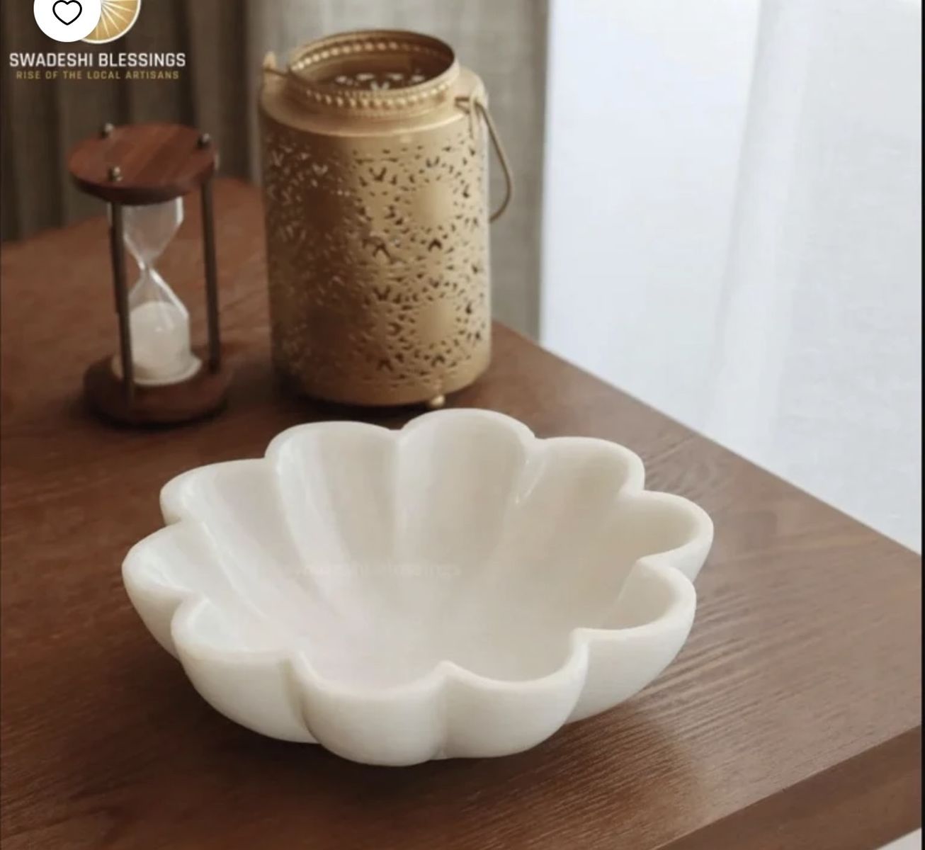 New. Swadeshi Blessings Handcrafted White Marble Flower Shaped Decorative Bowl