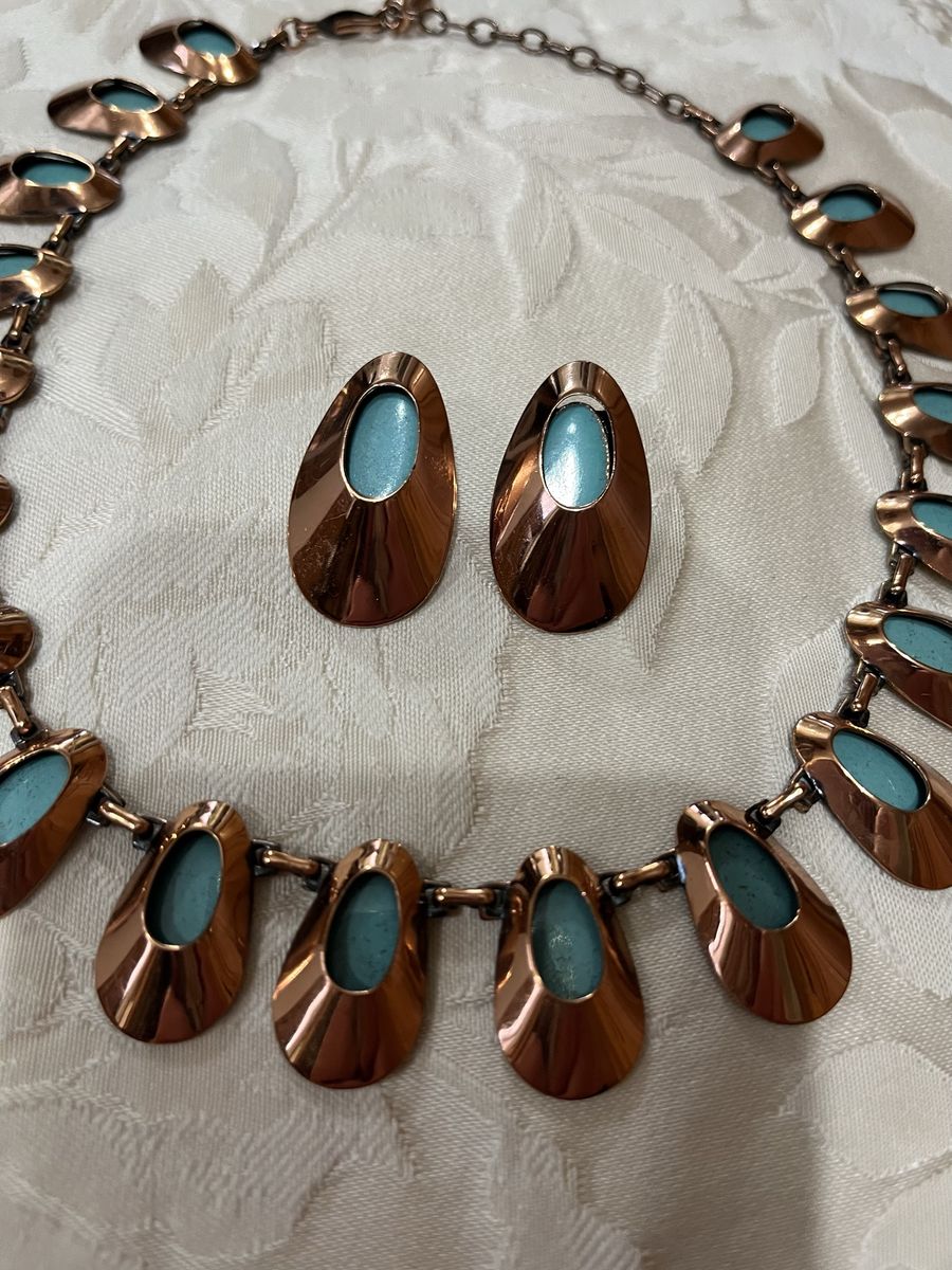 Copper with Baked Enamel or Porcelain Turquoise Disks, Choker and Earrings-1950's Vintage
