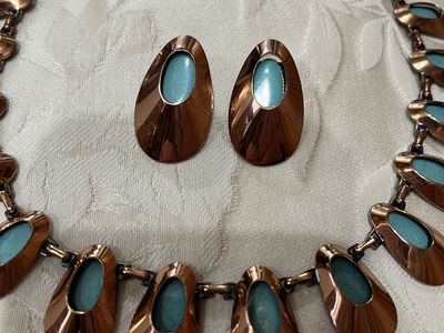 Copper with Baked Enamel or Porcelain Turquoise Disks, Choker and Earrings-1950's Vintage