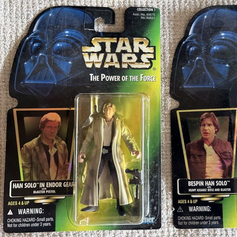 90’s Vintage Star Wars The Power of the Force Han Solo Endor Gear with Blaster Pistol Action Figure Green Card Collection 1