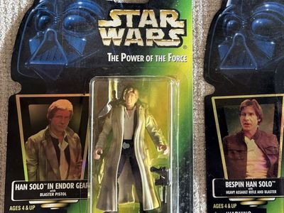 90’s Vintage Star Wars The Power of the Force Han Solo Endor Gear with Blaster Pistol Action Figure Green Card Collection 1