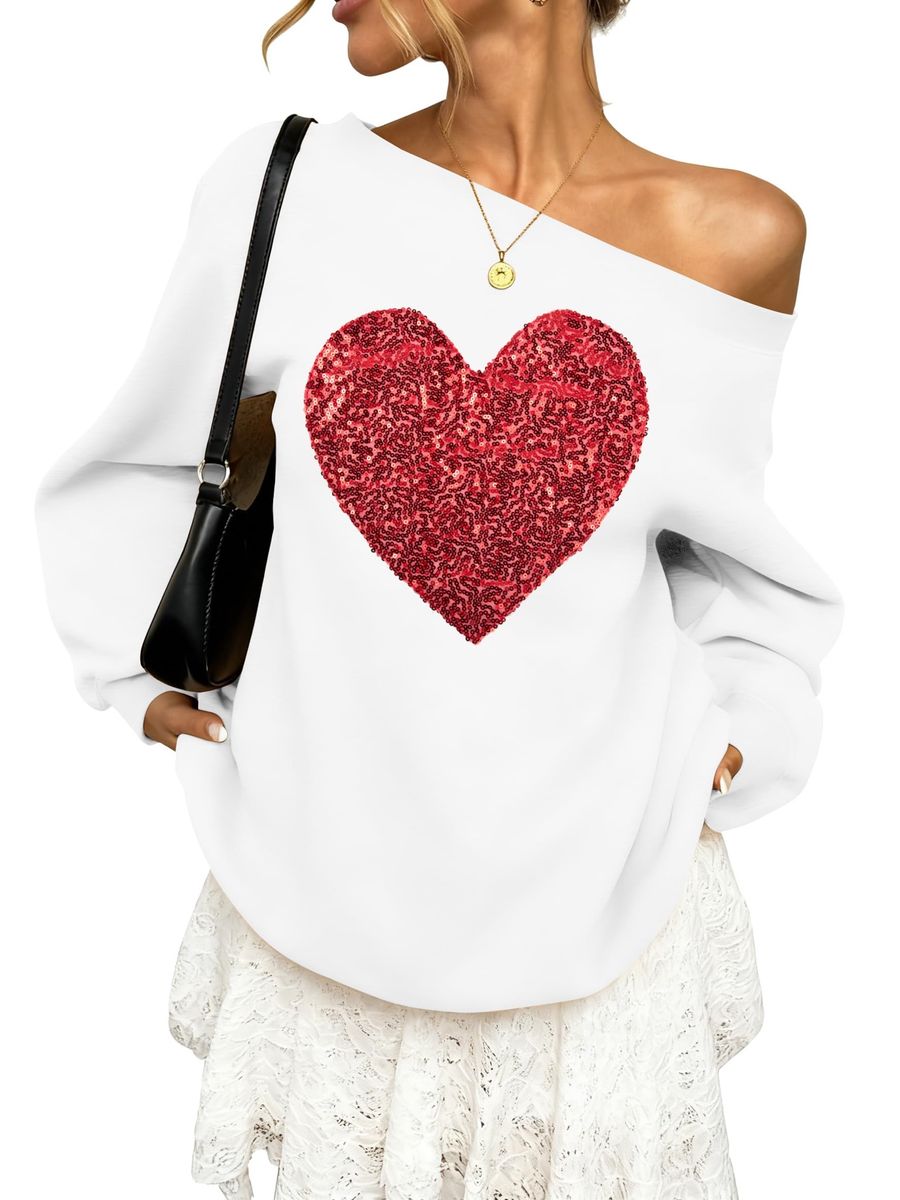 New! White off the shoulder sweatshirt with sequin red heart XL