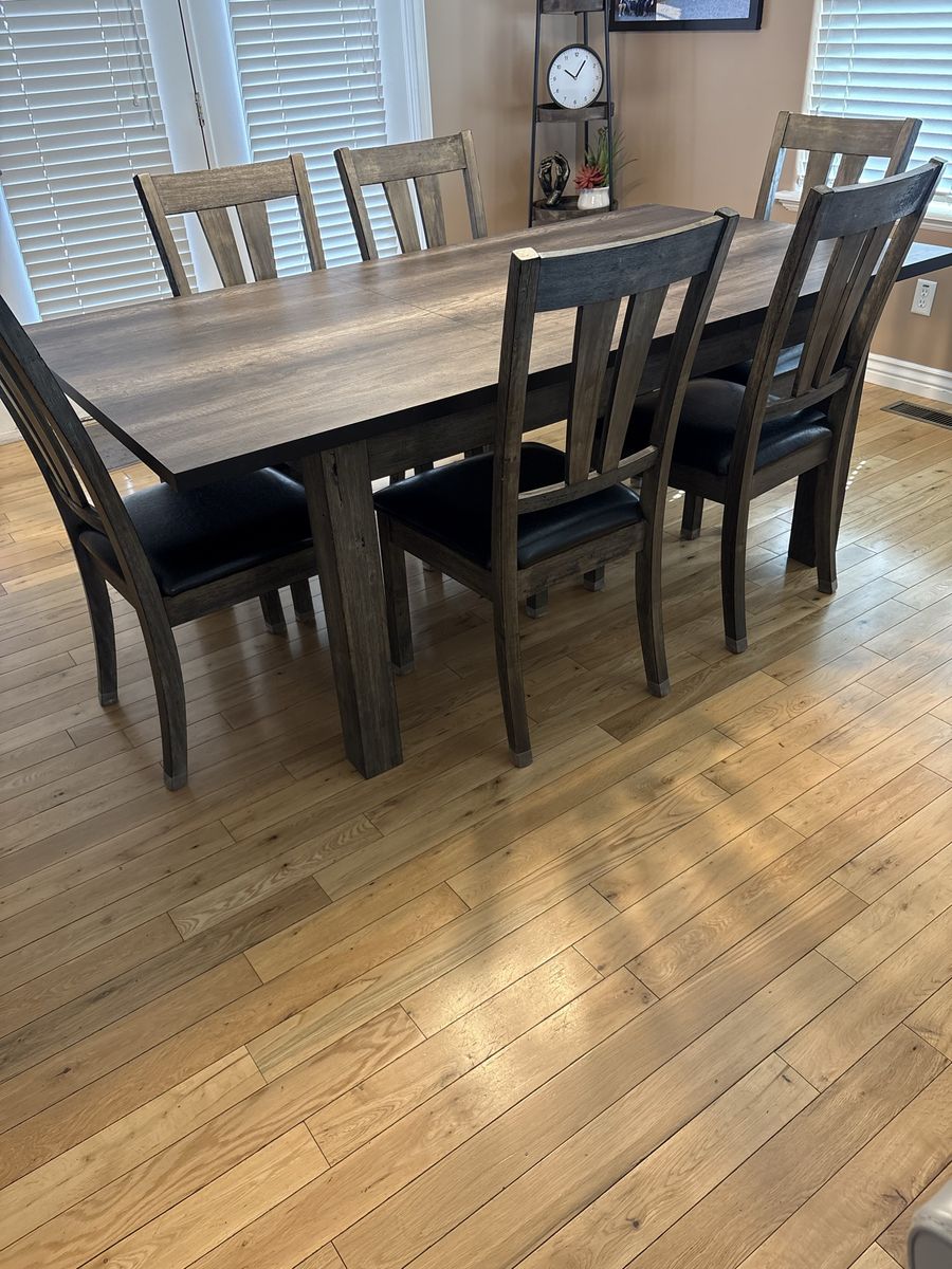 Wooden Dining Table & 6 Chairs Set - Dark Wood Finish, Faux Leather Seats