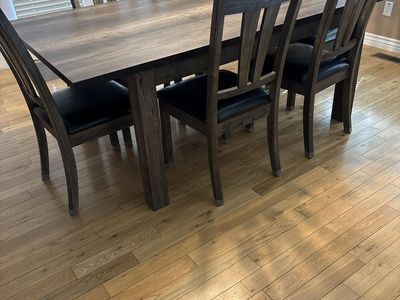 Wooden Dining Table & 6 Chairs Set - Dark Wood Finish, Faux Leather Seats