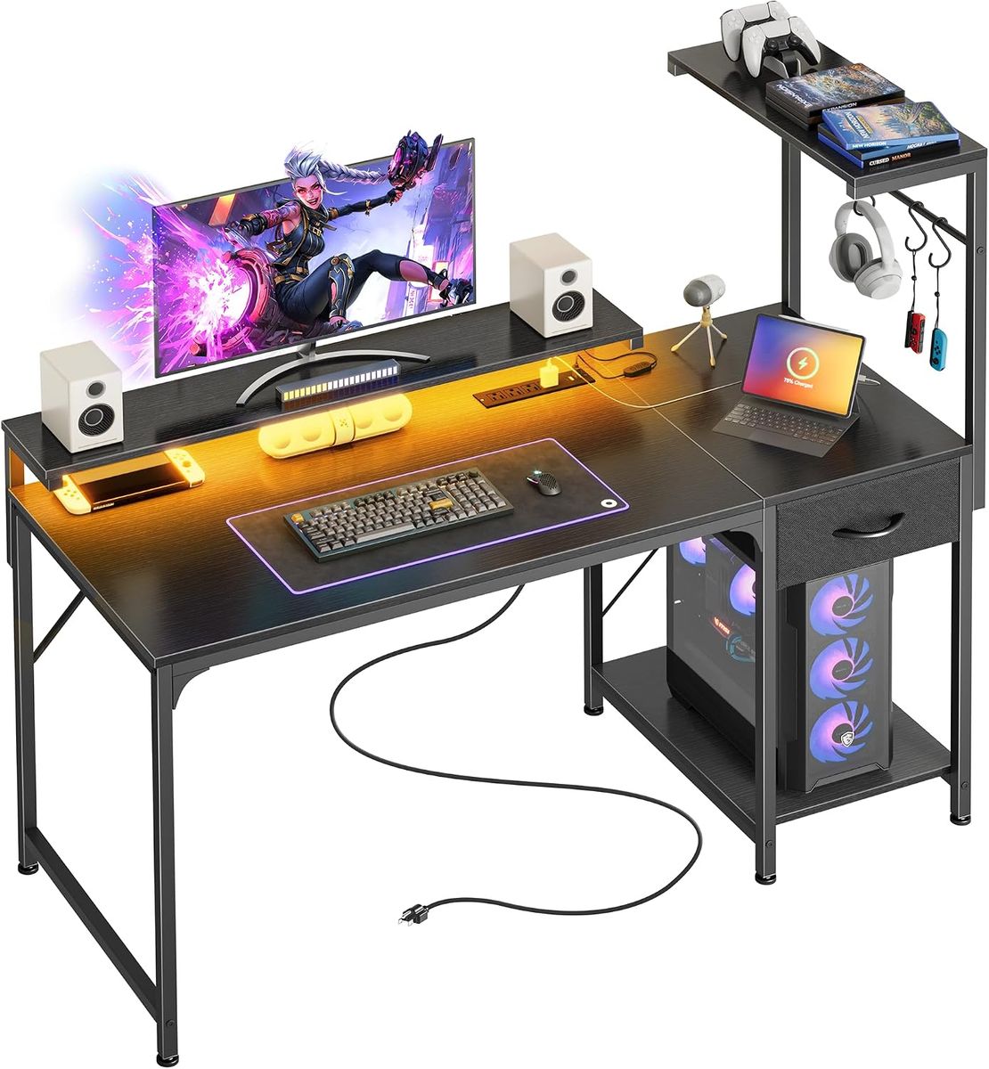 47.2 Inch Gaming Desk - LED Lights - Power Outlets - Reversible - BLACK