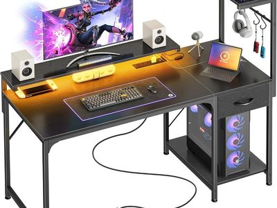 47.2 Inch Gaming Desk - LED Lights - Power Outlets - Reversible - BLACK