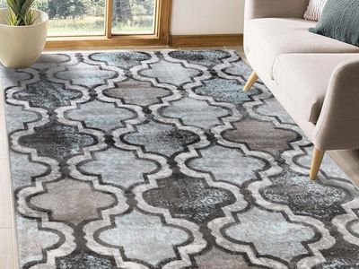 Modern Trellis Area Rug in Blue,and Charcoal