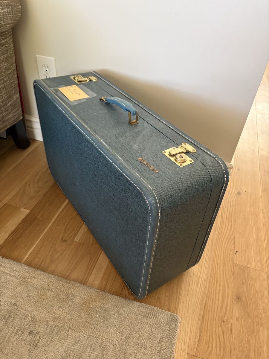 Vintage Monarch Hardshell Suitcase - Blue/Gray w/ White Stitching & Brass Hardware